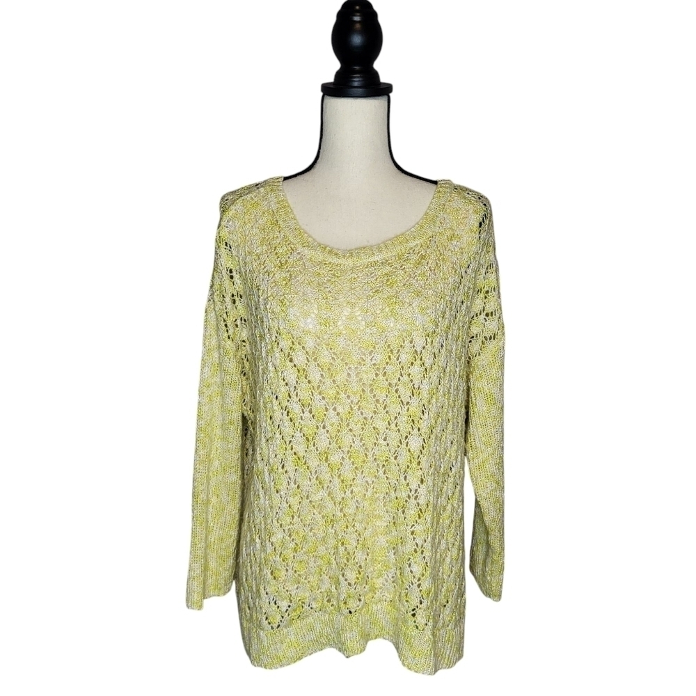 Evri women's yellow white open knit scoop neckline long sleeve sweater size 1X